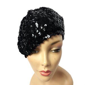 Black Sequin Stretch French Beret Roaring 20’s style One Size